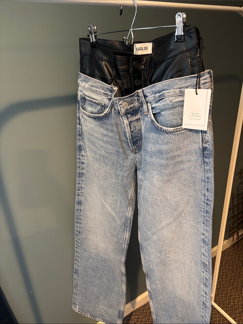 Agolde Elson size 27 Light Wash Jeans with Black Leather Waistband